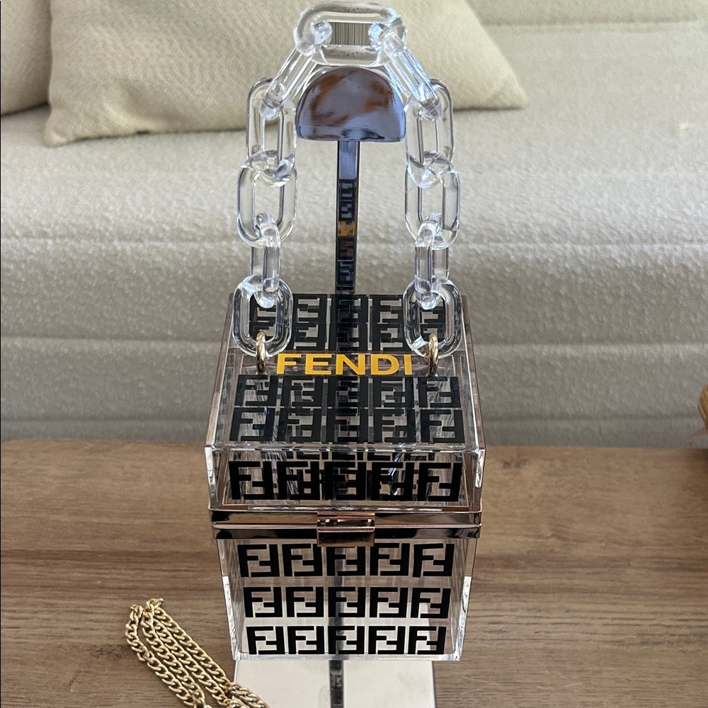 Fendi-Style Black and Gold Logo Acrylic Bag